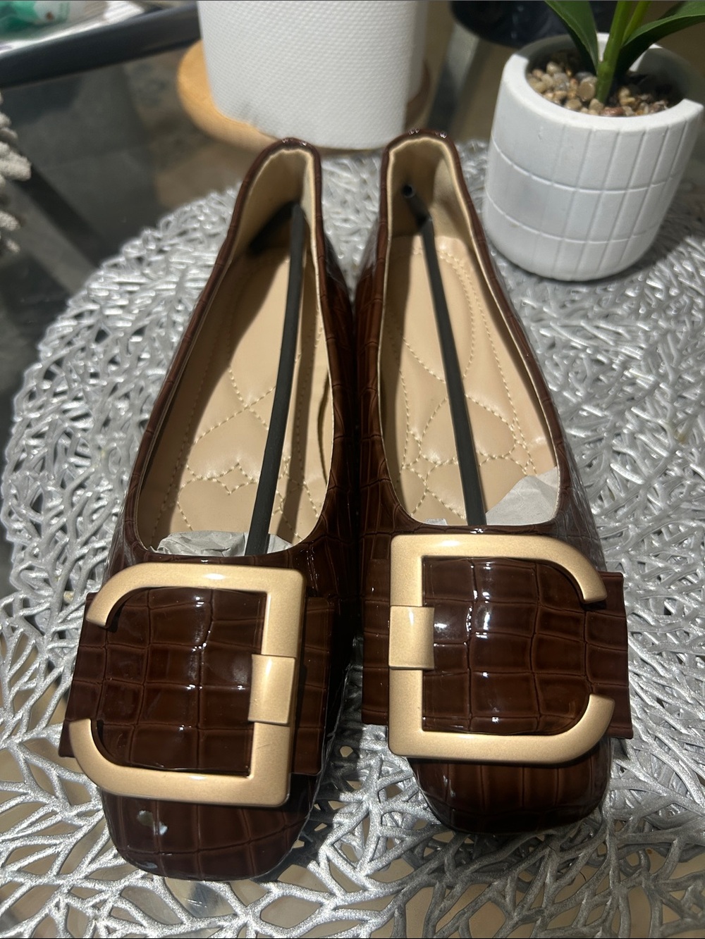 Patent Croc-Embossed Ballet Flats with Buckle - Brown